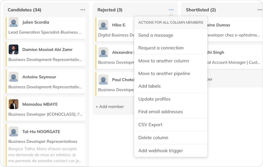 Actions en masse dans Kanban, telles que l'envoi de messages en masse