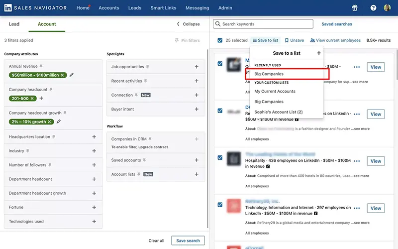 Sales Navigator, adding accounts to an existing list