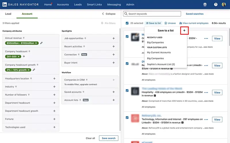 Sales Navigator, ajouter les comptes dans une nouvelle liste