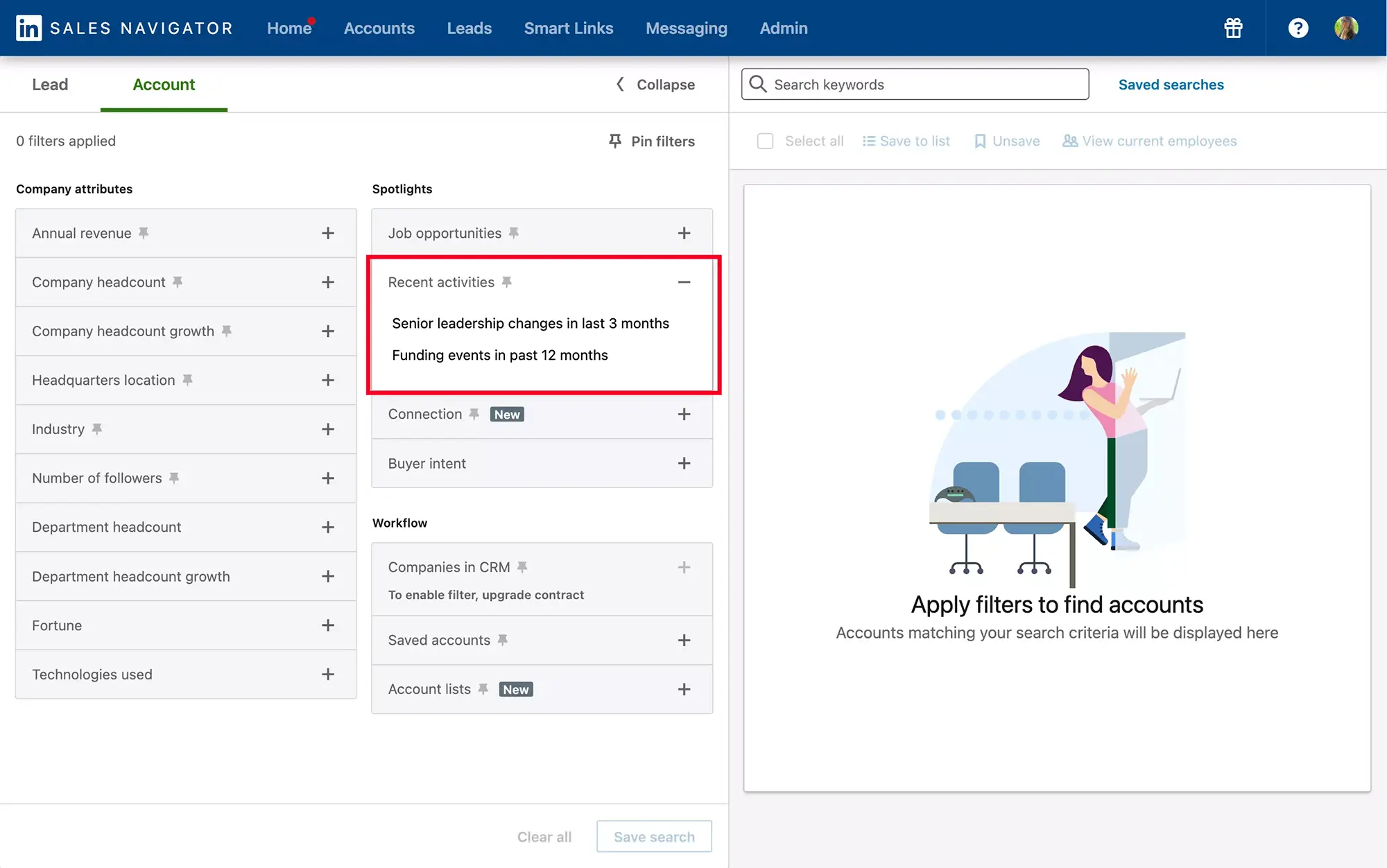 Sales Navigator, applying filters to accounts