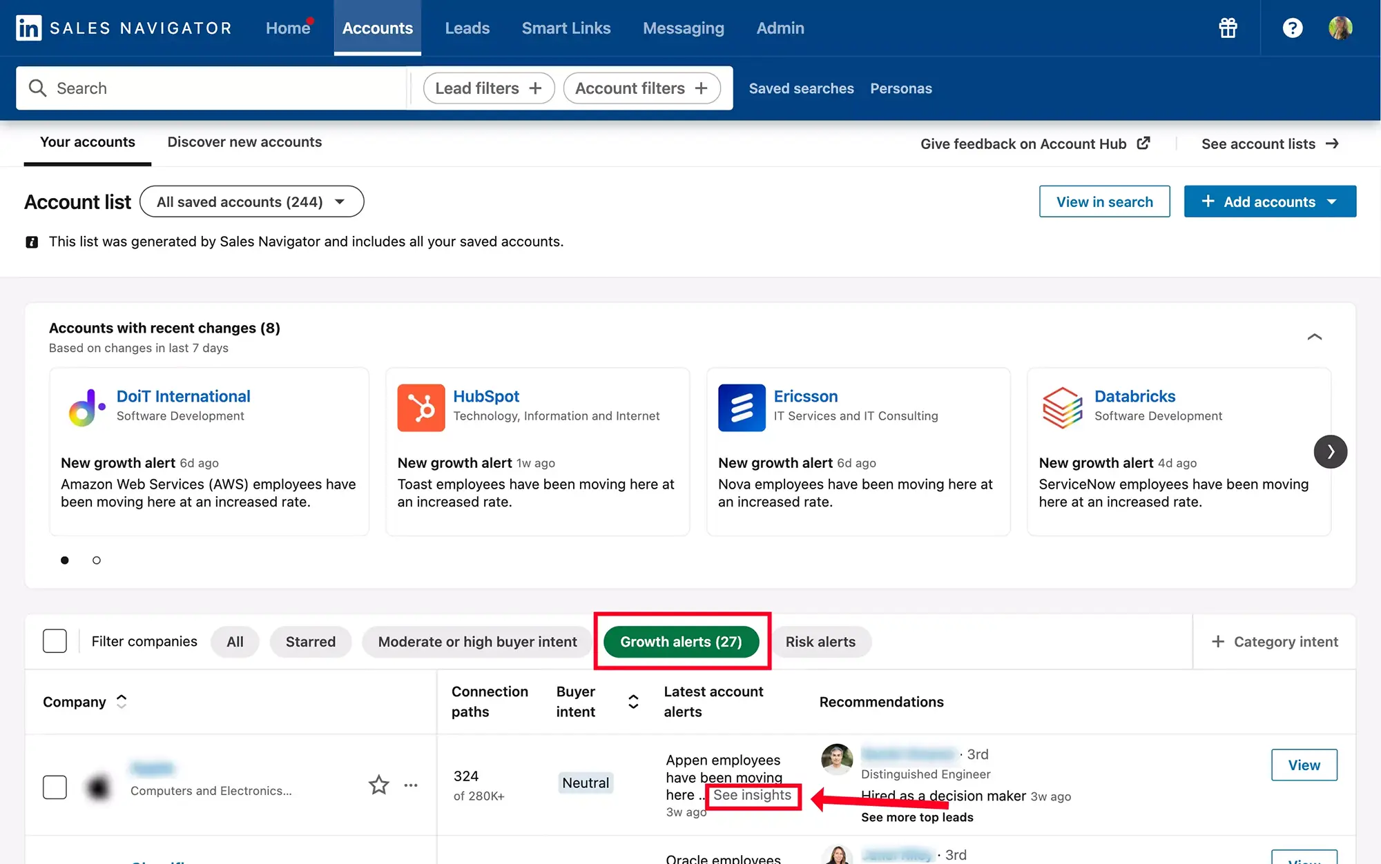 Sales Navigator, latest account growth alerts