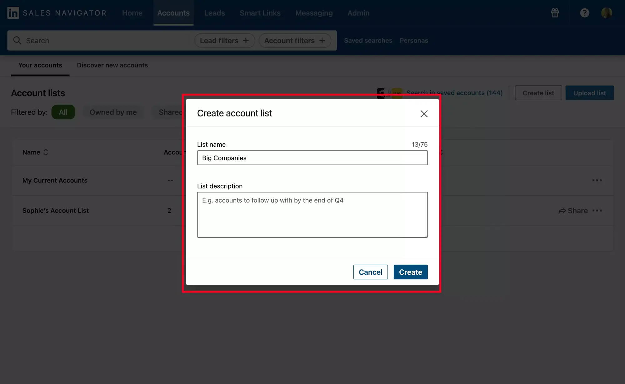 Sales Navigator, account list creation form