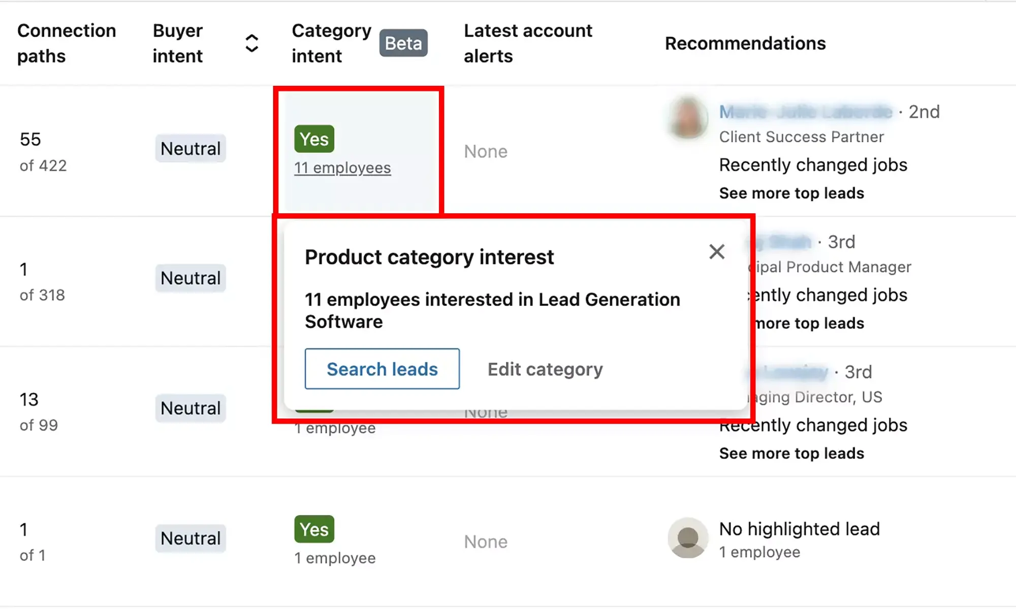 Sales Navigator, Intent Category filter