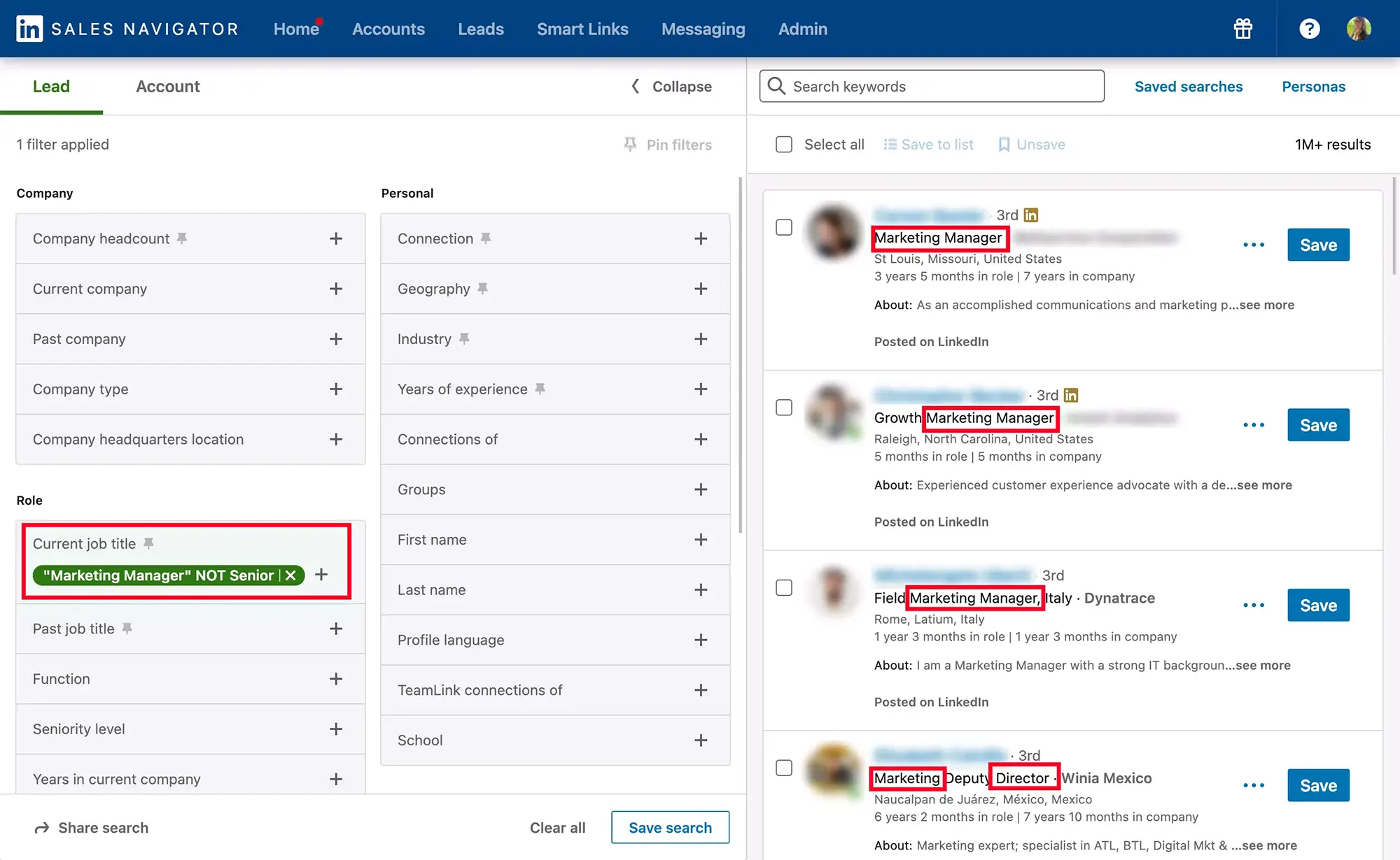 Sales Navigator Boolean search using the NOT operator