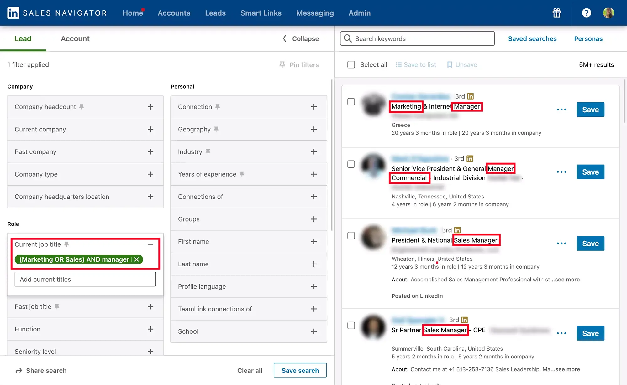 Sales Navigator Boolean search using parentheses