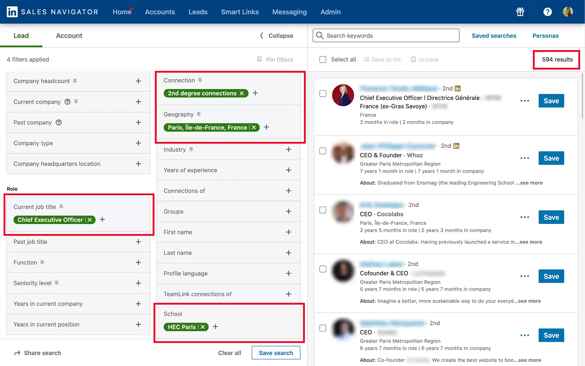 Sales Navigator résultats de recherche avec des filtres