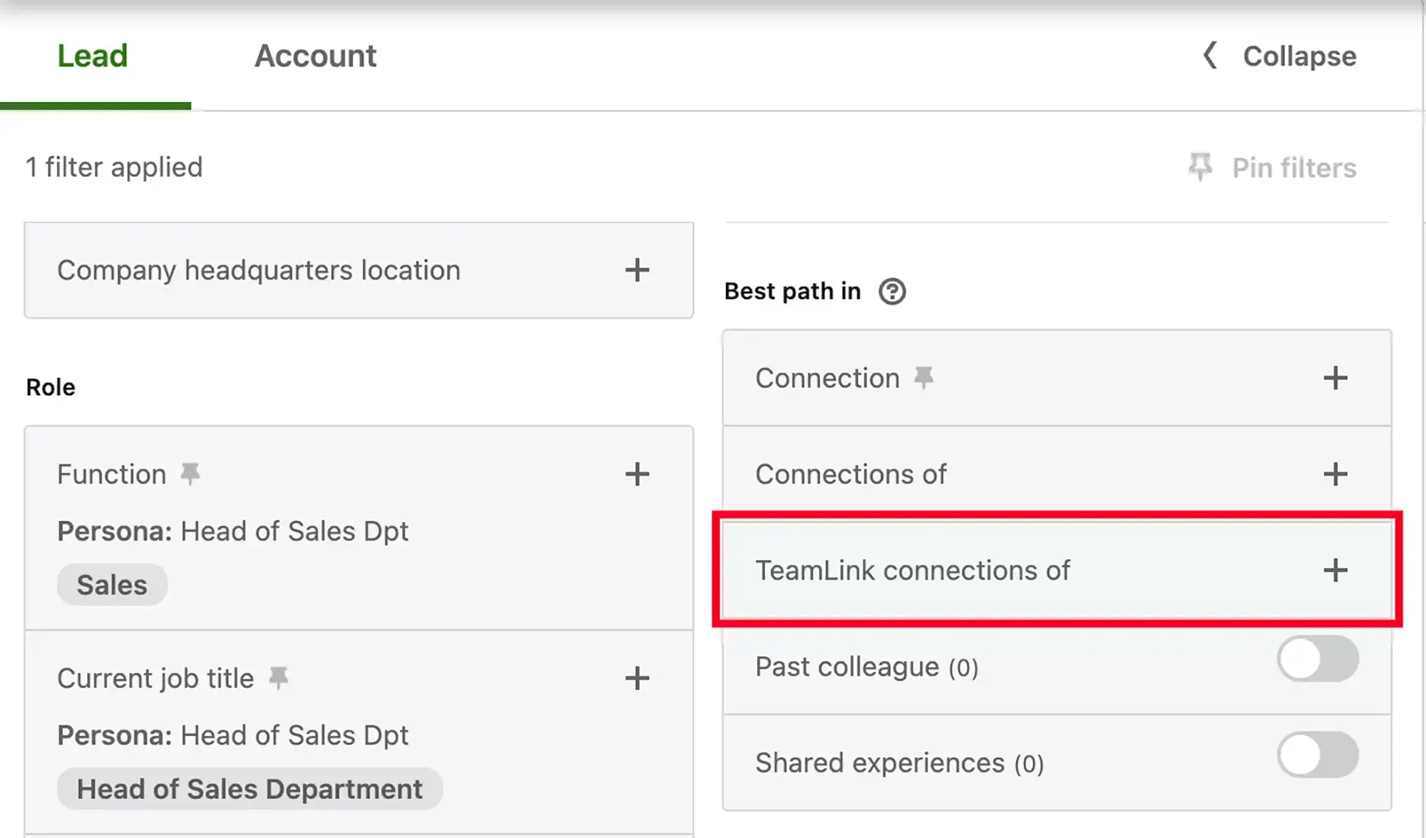 Sales Navigator TeamLink filter