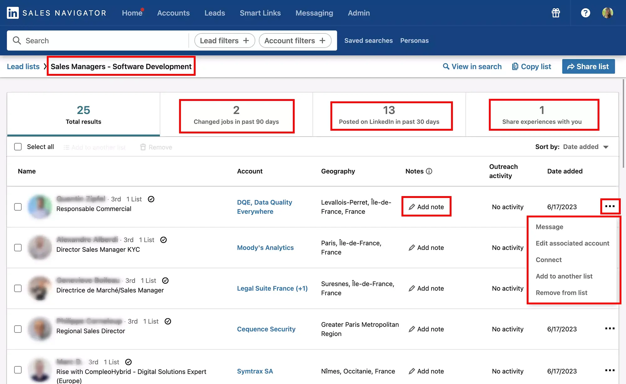 Sales Navigator, lead list page to track their activity