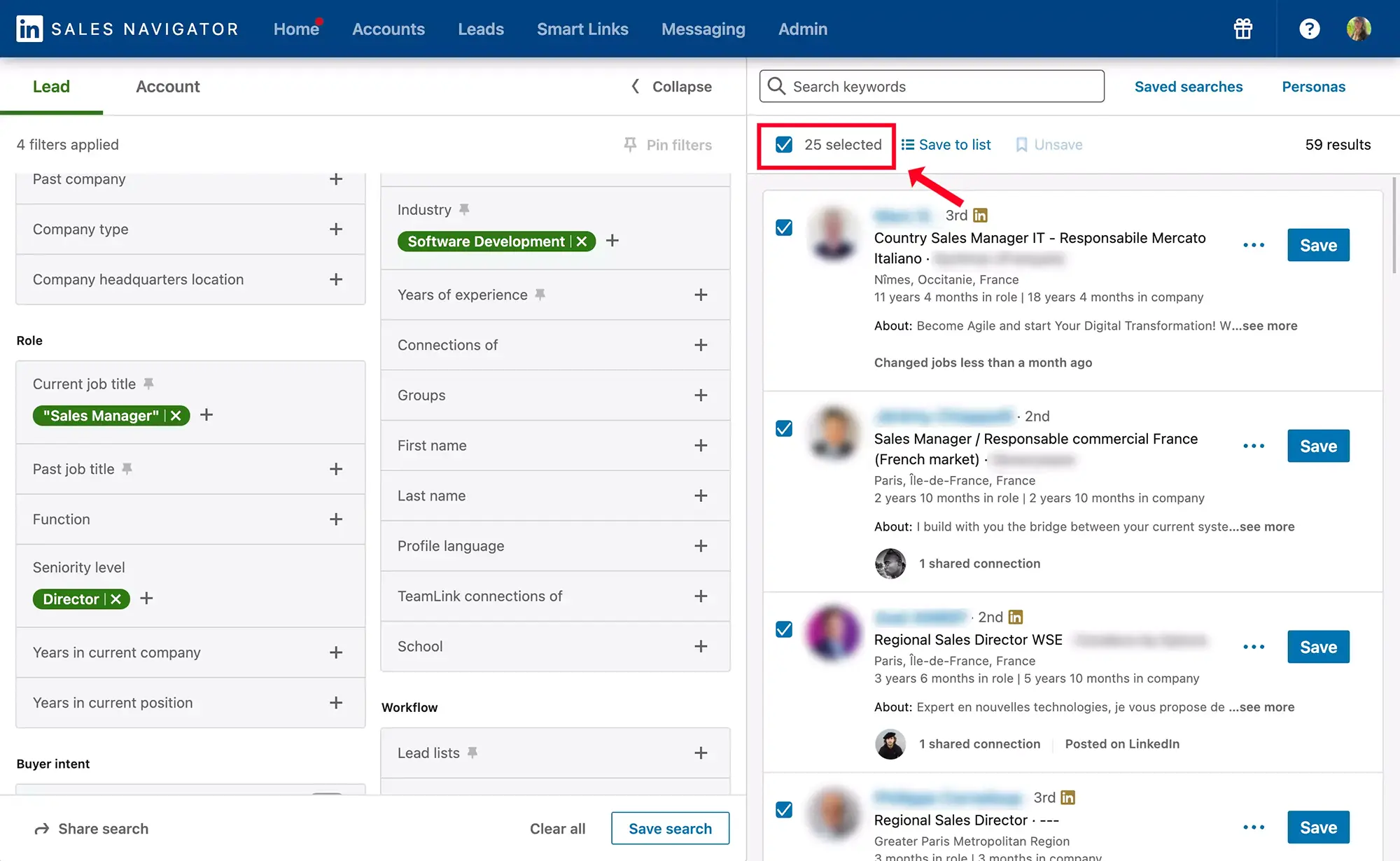Sales Navigator, sélection multiple des leads