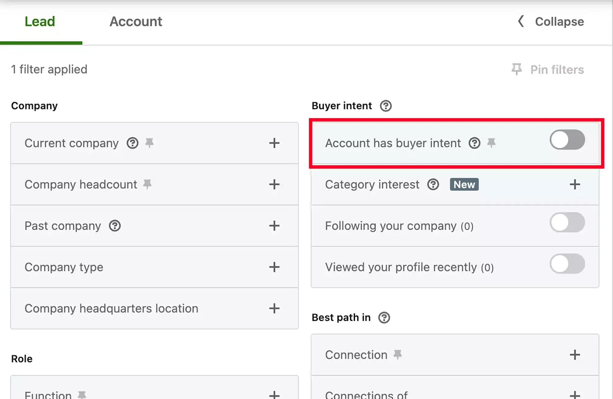 Sales Navigator Account has buyer intents filter