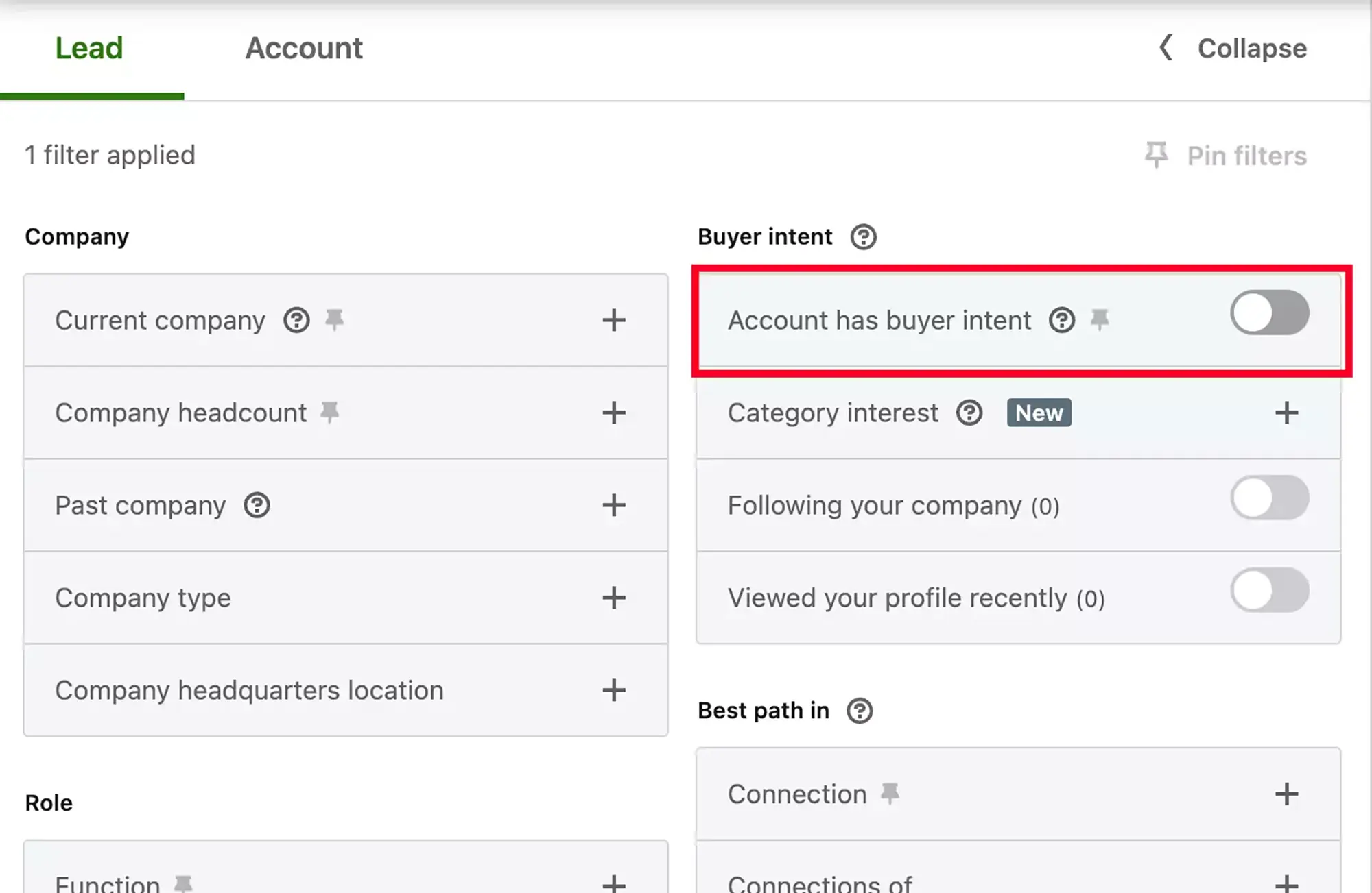 Sales Navigator filtre Le compte affiche une intention d’achat