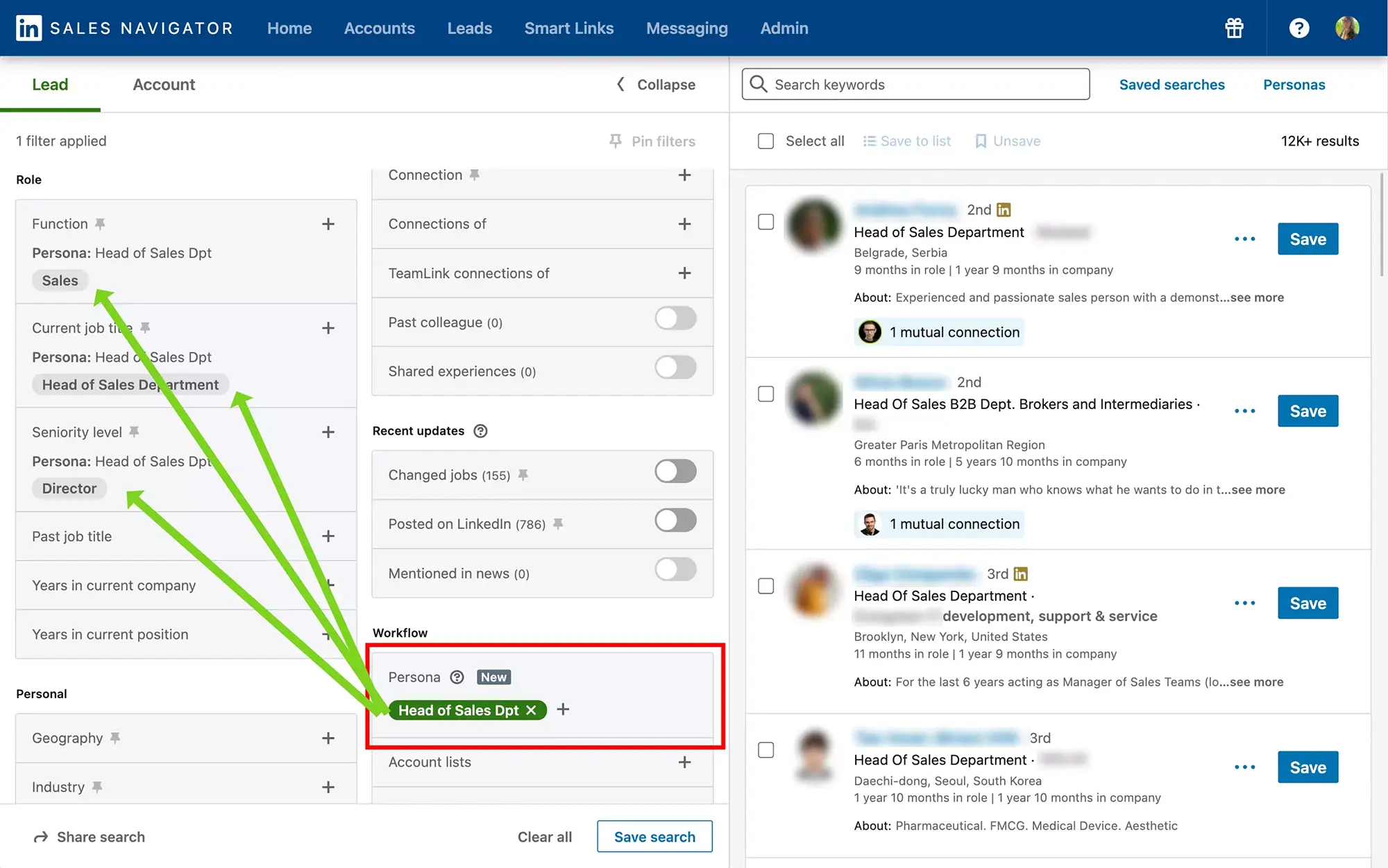 Sales Navigator filter avec des personas