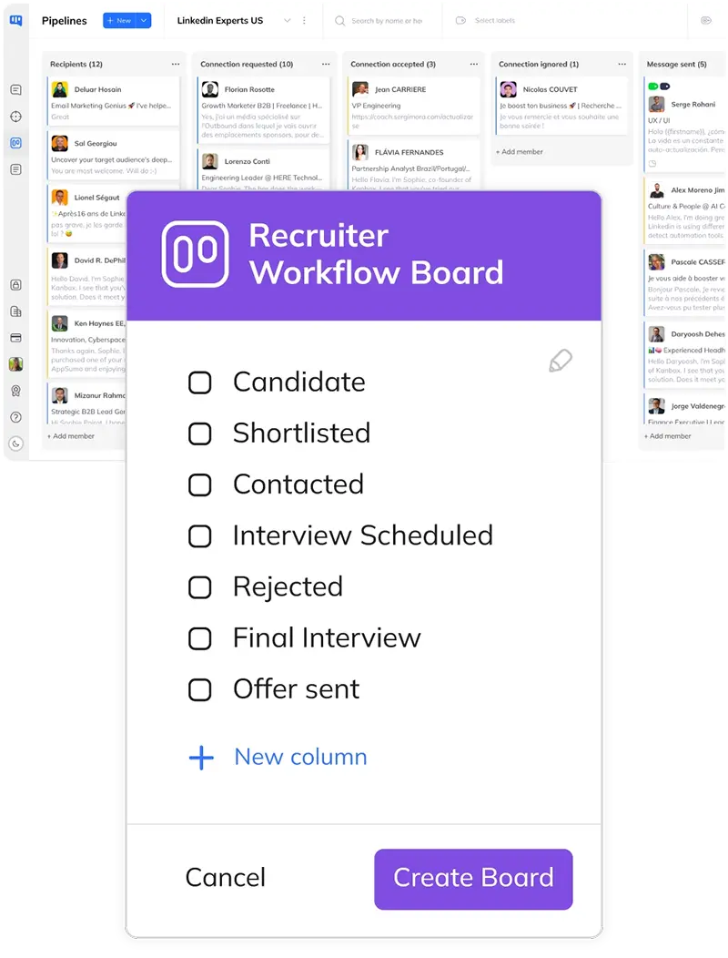 Pipeline Kanban de recrutement